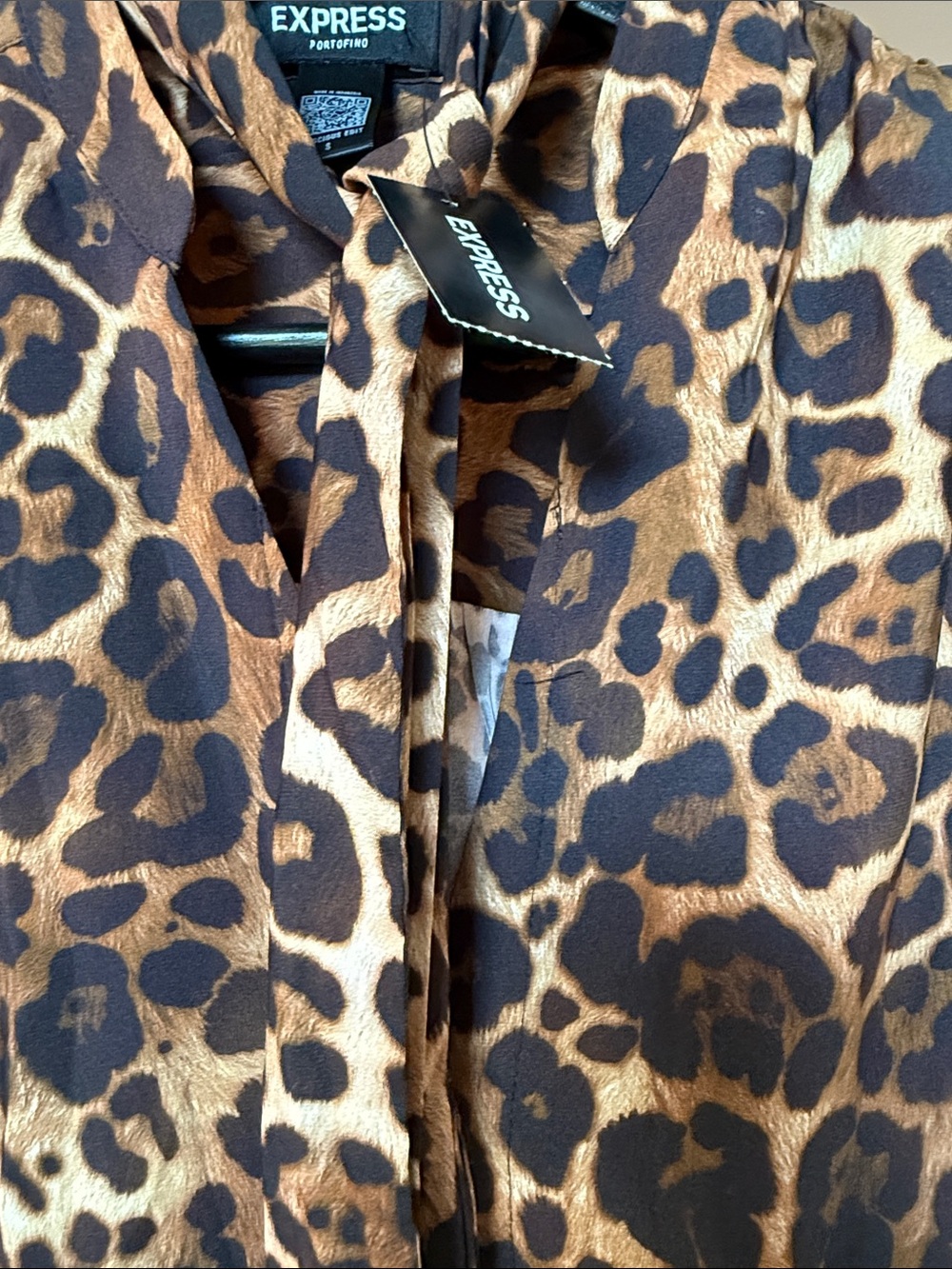 Express Leopard-Print Tie-Neck Blouse - Brown, Black - Picture 3 of 3